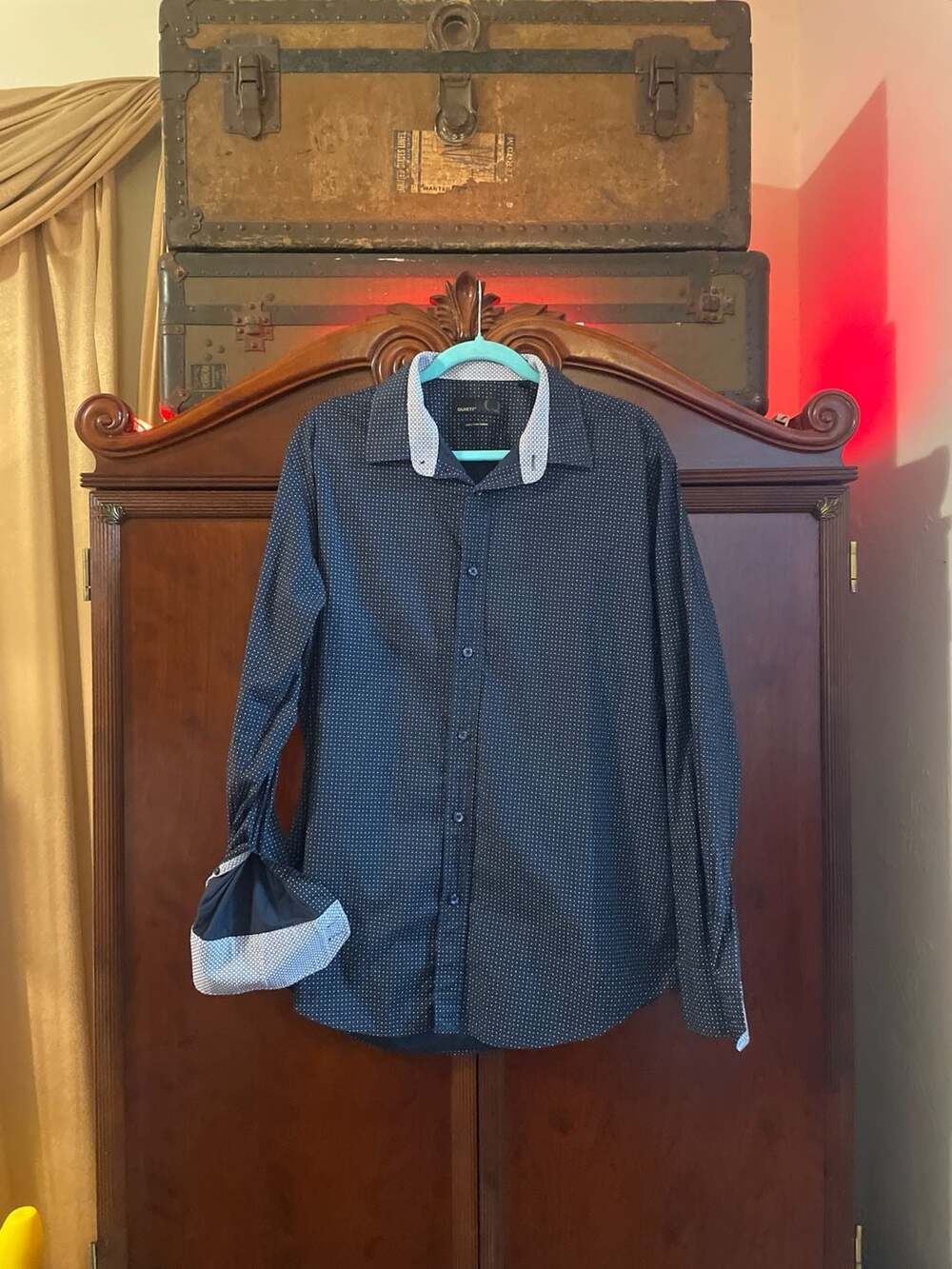 Quieti Men's XL Navy Blue Micro Dot Long Sleeve Button Down Shirt Contrast Cuffs